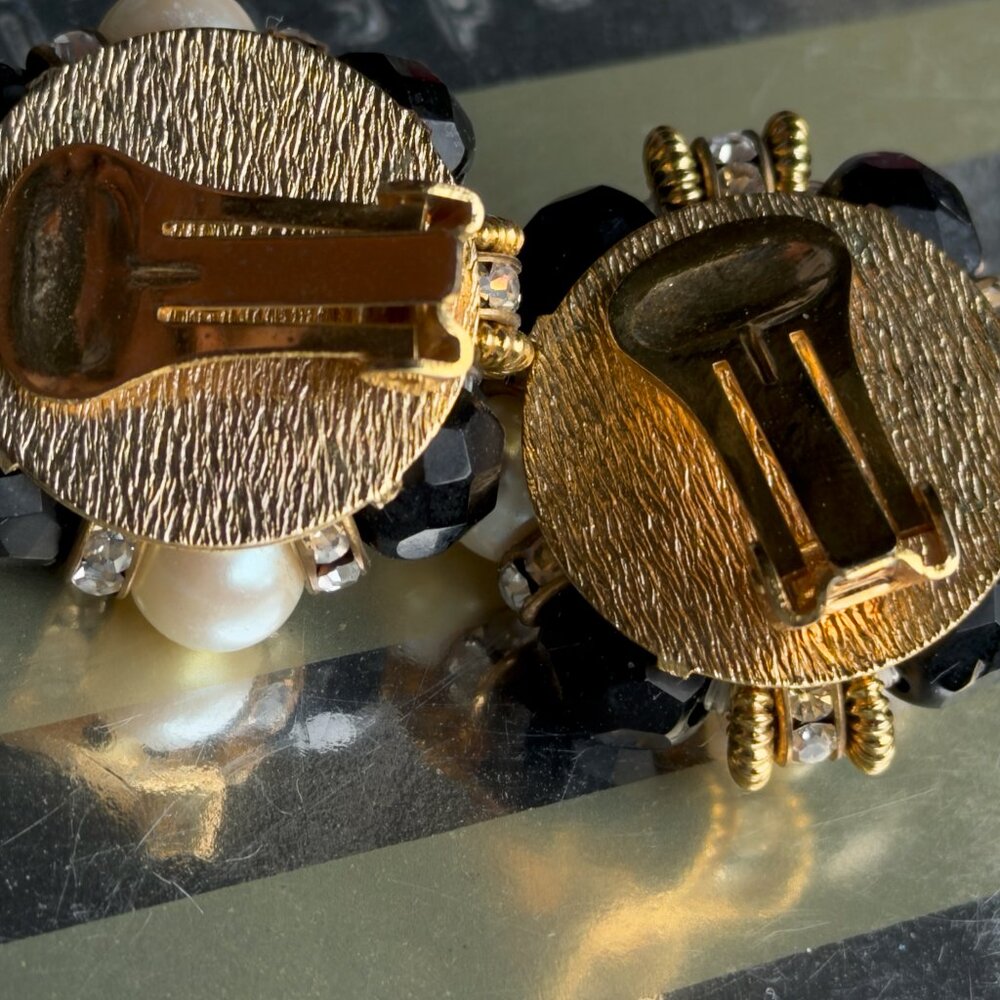 Vintage Napier Gold with Faux Pearls & Black Gems Costume Clip On Earrings - Picture 3 of 3